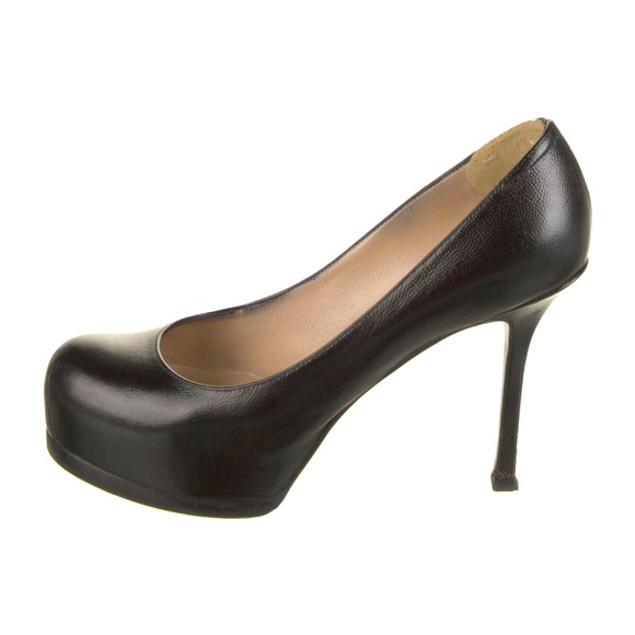 YVES SAINT LAURENT black pebbled leather Tribute heels - Picture 1 of 5